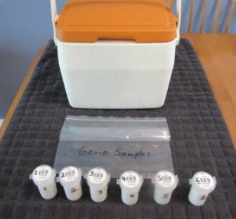 Properly labeled sample bottles for group samples are lined up in front of a cooler along with a zip lock bag. Each sample bottle has the producer bulk tank sticker on the lid and a number corresponding to the group the sample belongs to.