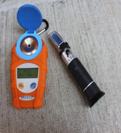 A digital refractometer and a temperature corrected optical refractometer; two common types of refractometers.