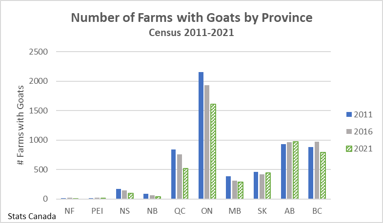This graph shows the number of farms with goats for each province in 2011, 2016 and 2021. The number of farms has increased slightly in Alberta while all other provinces saw a decrease.