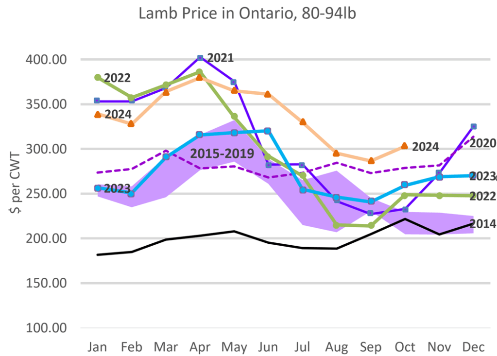 This graph shows average price of 80-94lb lambs by month with lines for 2014 and 2020-2024 and a shaded area for 2015-2019. 2014 shows a relatively flat line starting at about $182 per hundred weight in January to a high in October of $221. this line is included to show what a low price year can look like. The shaded 2015-2019 area shows the usual seasonal price fluctuation. Price starts at about $250 per hundred weight in January rises to $320 in May and drops to around $210 per hundred weight in the fall. 2020 shows a relatively flat price line from about $270 - $300 per hundred weight. 2021 and 2022 had very high prices of about $350 - $370 per hundred weight in the first part of the year falling to $220 in September and rising back up a bit for December. 2023 prices fell back down to follow the basic price curve of the 2015-2019 shaded area. 2024 price started out around $340 per hundred weight and although fell seasonally stayed higher through the summer and early fall with and average of $303 per hundred weight in October.