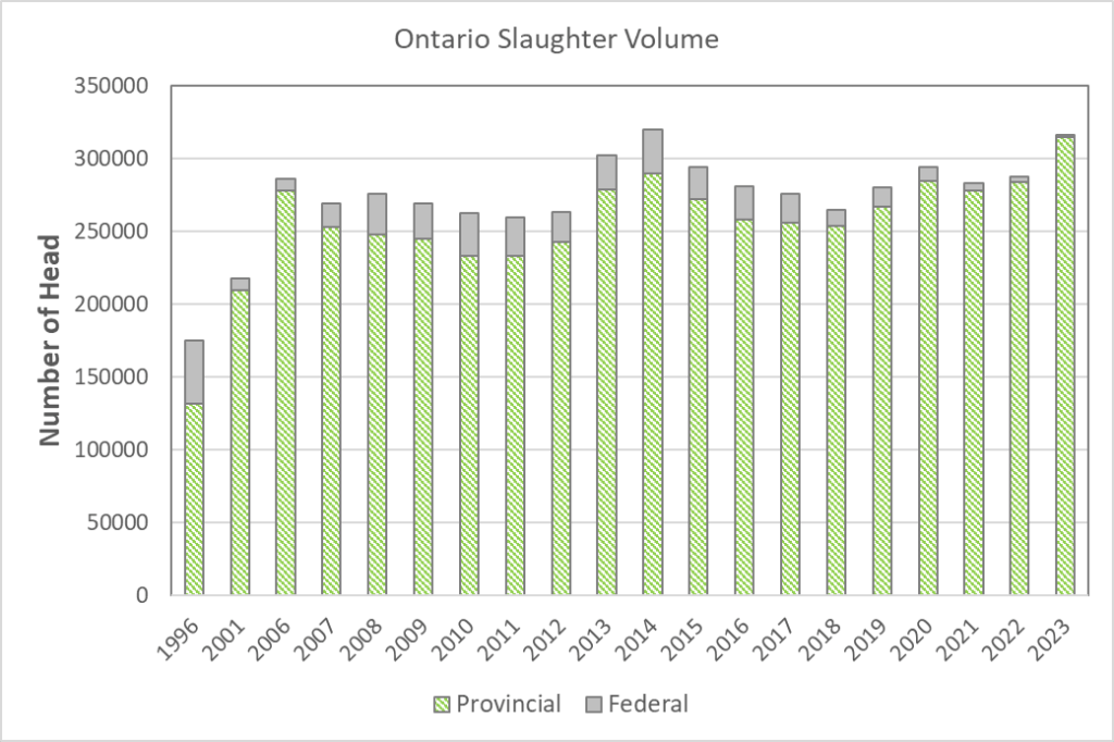 This bar graph shows the number of head slaughtered in Ontario from 1996 to 2023. In the 1990s, slaughter numbers were around 180,000 head. This rose to about 270,000 head until 2013 when numbers jumped to almost 302,000. and 319,000 in 2014. Numbers then decreased to around 280,000 head until 2023 when numbers were just over 316,000 head.