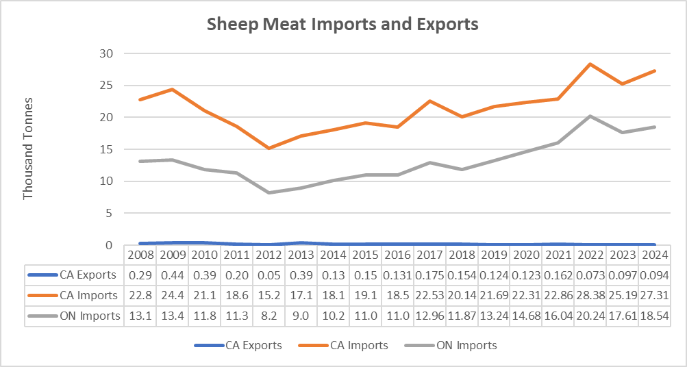 This line graph shows Canadian exports, Canadian imports and Ontario imports of lamb and mutton in thousands of tonnes. Canadian and Ontario imports are similar year to year with Ontario receiving 60-70% of the Canadian imports. Early 2000s saw high levels of imports with 25 thousand tonnes imported per year dropping to 15 thousand tonnes in 2012 and then slowly increasing to 23 thousand tonnes in 2021 and peaking at over 28 thousand tonnes in 2022. Exports remain low ranging from 70 tonnes to a high of 390 tonnes in 2013.